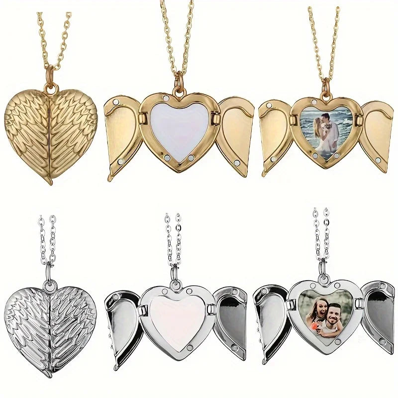 Showlu personalized photo angel wing locket necklace in zinc alloy featuring a detailed angel wing design.