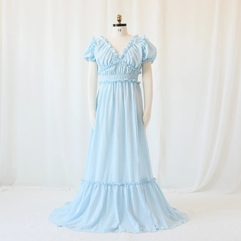 Showlu Bohemian maternity maxi gown with off-shoulder ruffled design, perfect for maternity photos and special occasions.