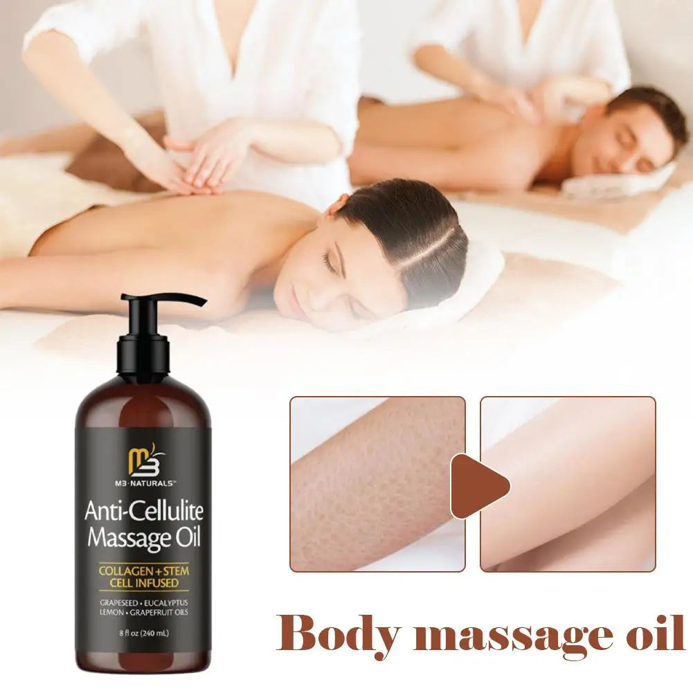 M3 Naturals Anti-Cellulite Massage Oil with collagen and stem cells in a 240ml bottle, used for skin firming and cellulite reduction.