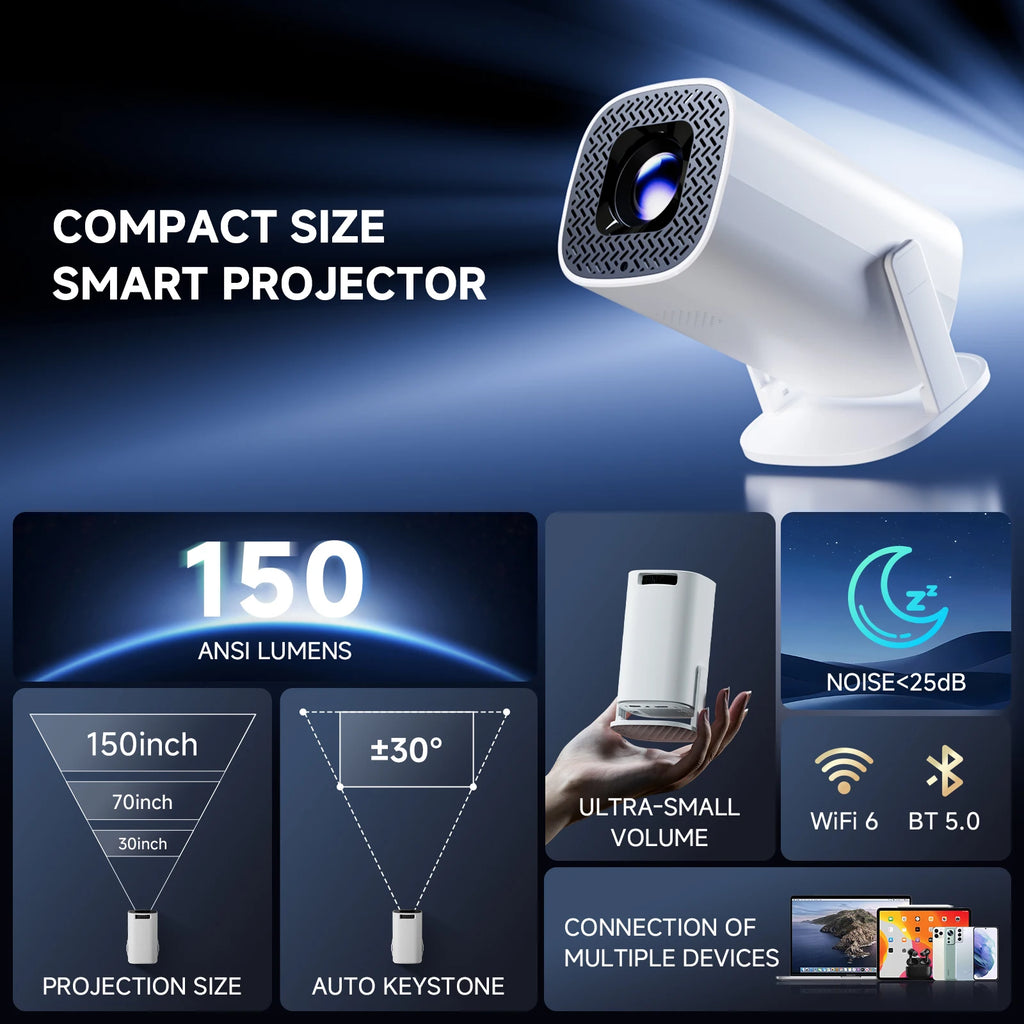 Showlu Smart P30PRO Mini Projector displaying a vivid home theater scene on a wall, portable and compact design for home entertainment.