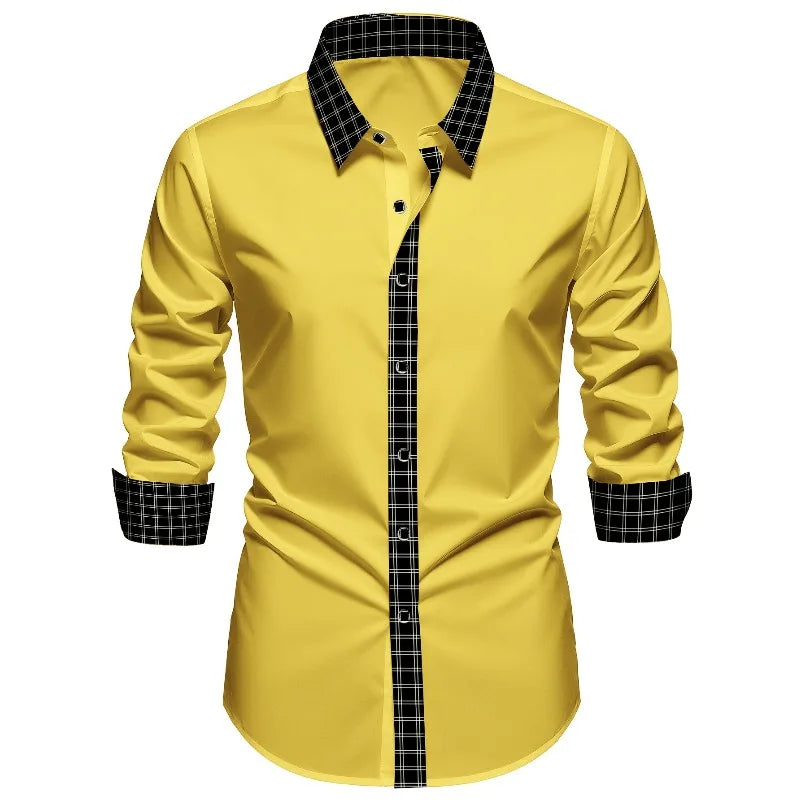 Showlu Smart General men's patchwork tuxedo shirt with long sleeves, elastic cuffs, suitable for smart casual or business wear.
