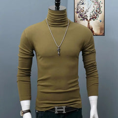 Men's Classic Autumn Winter Turtleneck T-Shirt Dark Red Stretch Casual Turtleneck Top Plus Size Long Sleeve Tee Shirts Young Men