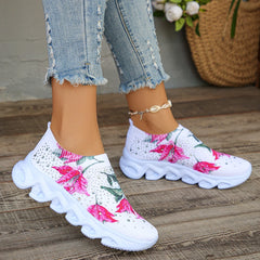 Crystal Floral Knitted Sneakers Women Summer 2024 Breathable Mesh Flat Heels Casual Shoes Woman Comfortable Soft Bottom Flats 43