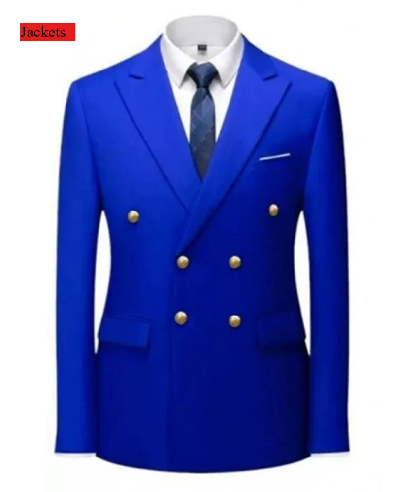 Black men's double-breasted slim fit suit with gold buttons, ideal for weddings, parties, or prom, by Showlu Fashion Store.