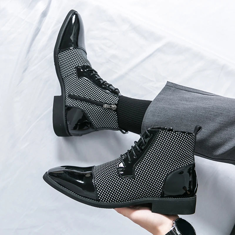 AXYG men's pointed toe ankle boots by Showlu Fashion, patchwork patent leather shoes with sleek, stylish design.