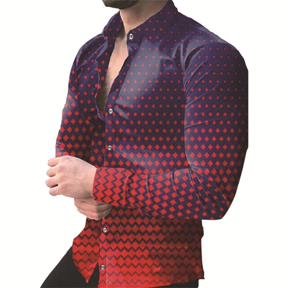 Men's casual long sleeve street shirt with lapel collar, single-breasted design, perfect for all-match fashion style