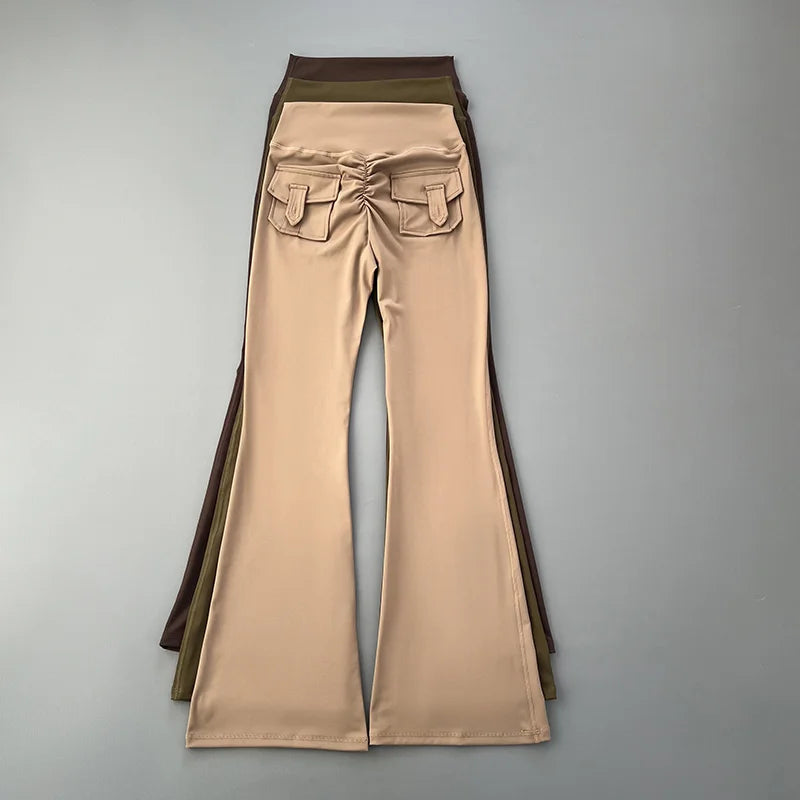 Showlu Fashion micro horn yoga pants with pocket, designed for hip lifting, quick drying, and comfortable fitness and dance training.