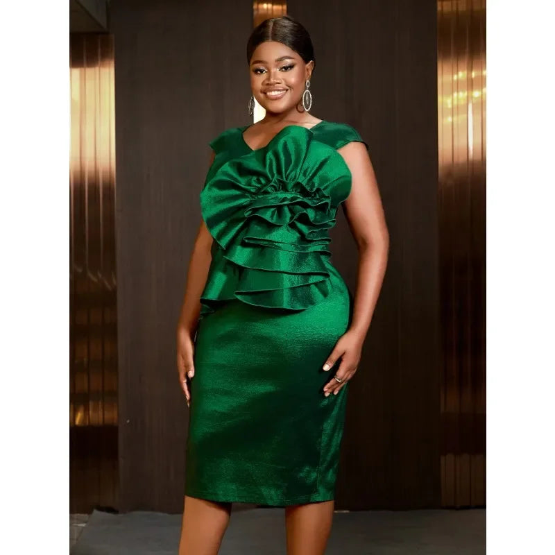Dark green plus size bodycon party dress with 3D flower embellishments and knee length, designed by My Store.