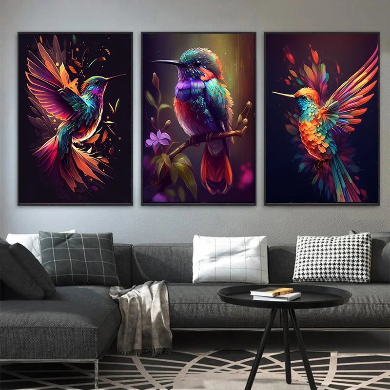 Colorful watercolor hummingbird and flower wall art canvas print, decorative bird and floral poster for living room decor