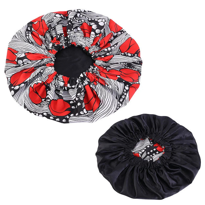 Women’s African Ankara print sleep cap with satin lining, large headwrap, soft hair care bonnet, stylish ladies headwear for night.