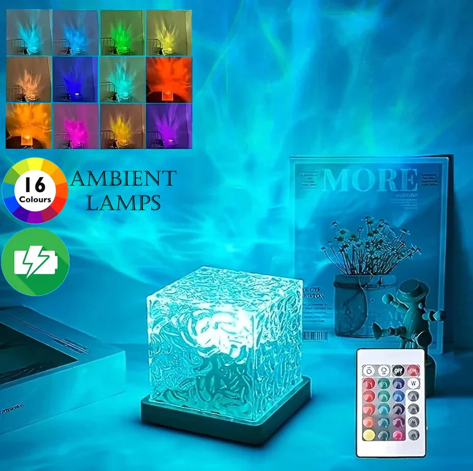7Flowers RGB Aurora Projector displaying 16-color crystal water wave night light projecting colorful light patterns on a wall