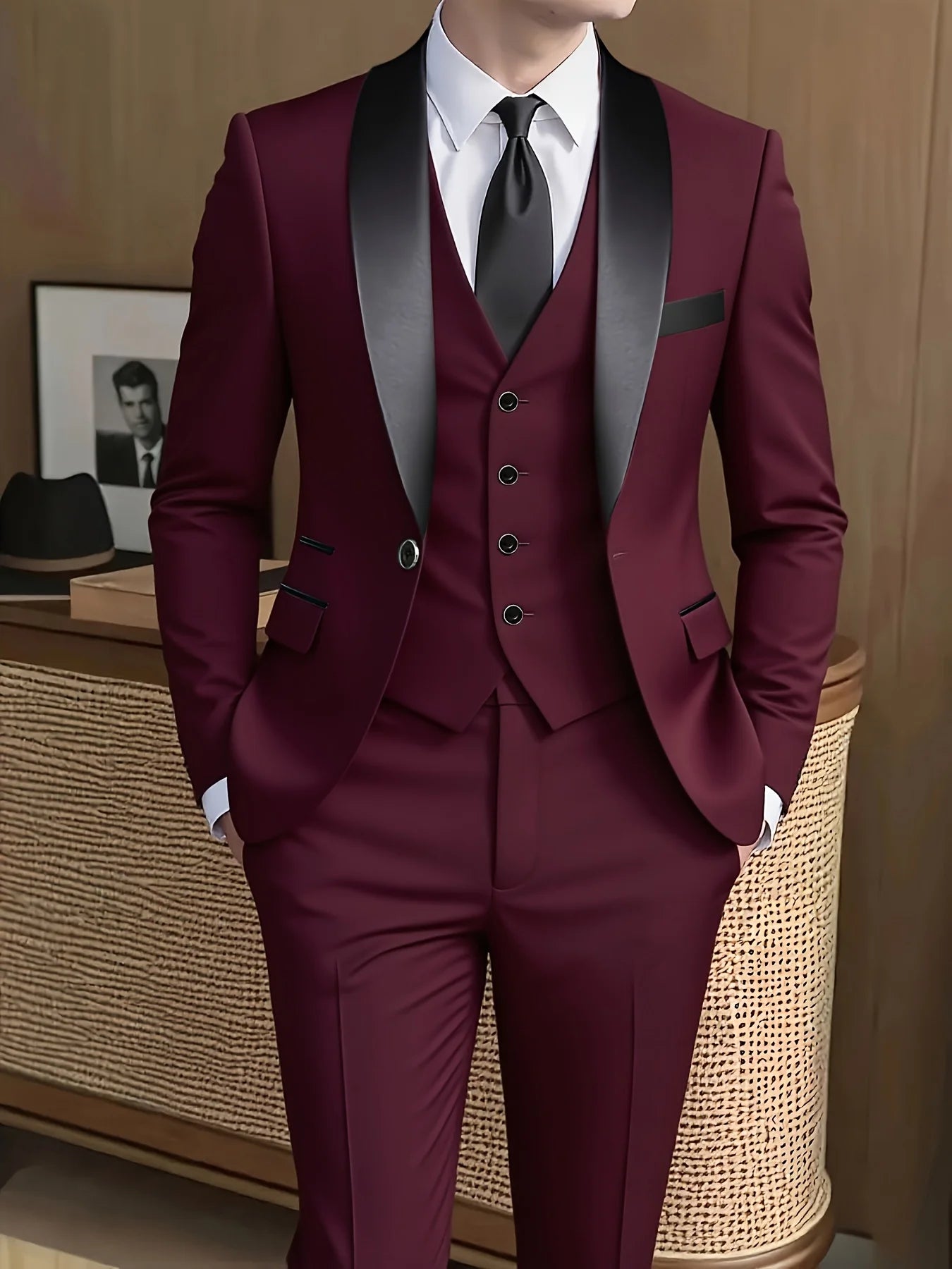 Men's 3-piece suit, green fruit collar, large suit, suit pants, formal tie, wedding dress, vest, work uniform, holiday gift.
