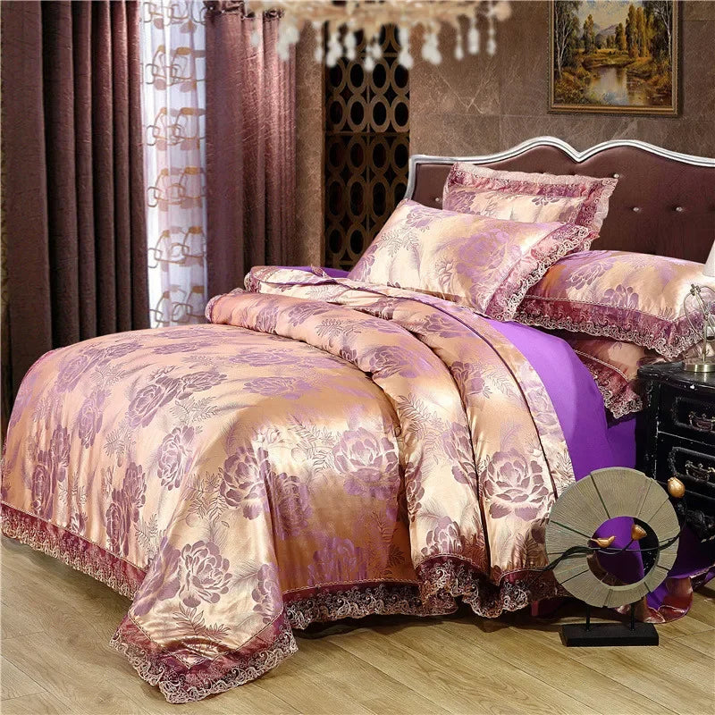 Nordic satin jacquard duvet cover set with luxury flower pattern, soft bedding from SHOWLU FASHION STORE.
