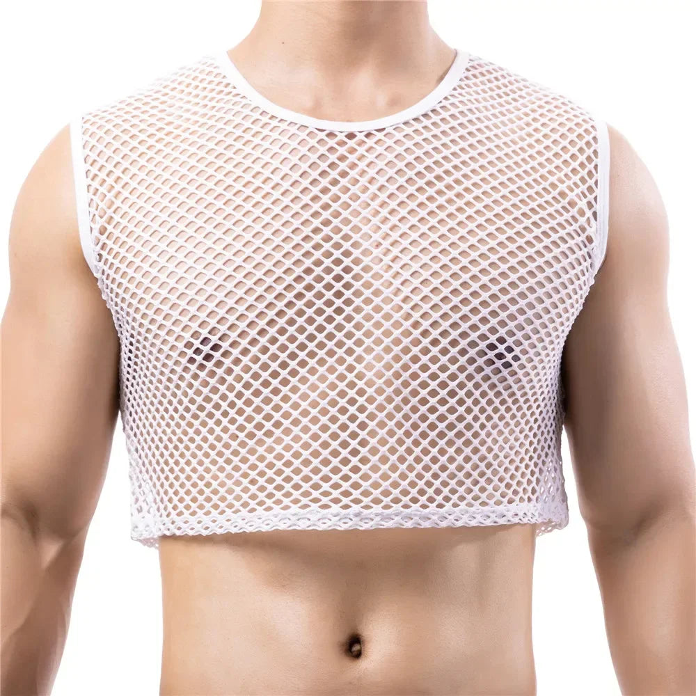 Mens transparent fishnet crop top from Showlu Fashion Store, sleeveless mesh tank shirt with hollow out design for gym, nightclubs, or casual wear.