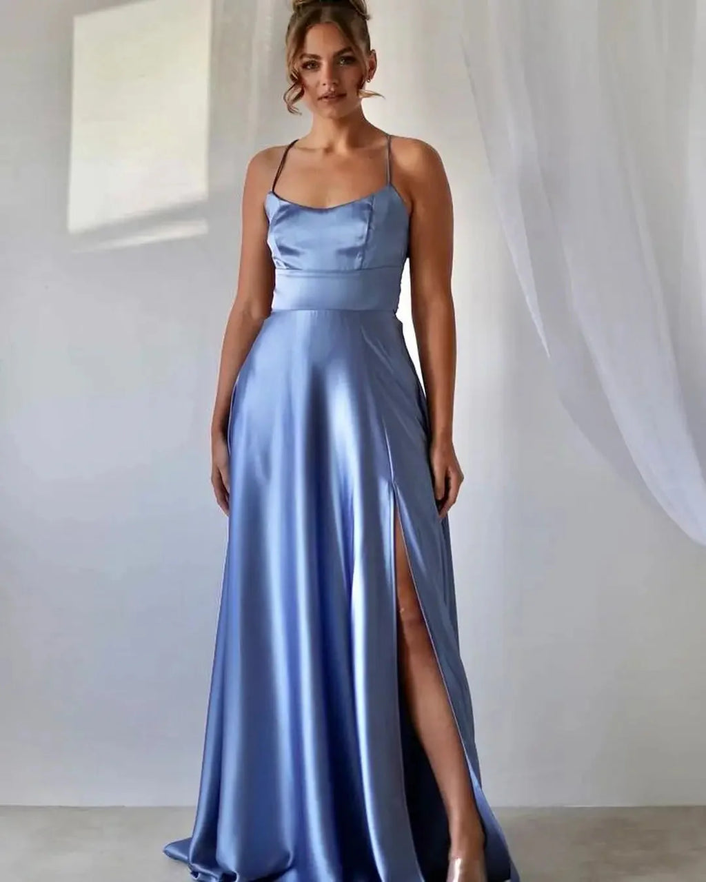 Showlu Fashion Store satin bridesmaid dress with cowl neck, leg slit, and A-line silhouette for elegant wedding attire.