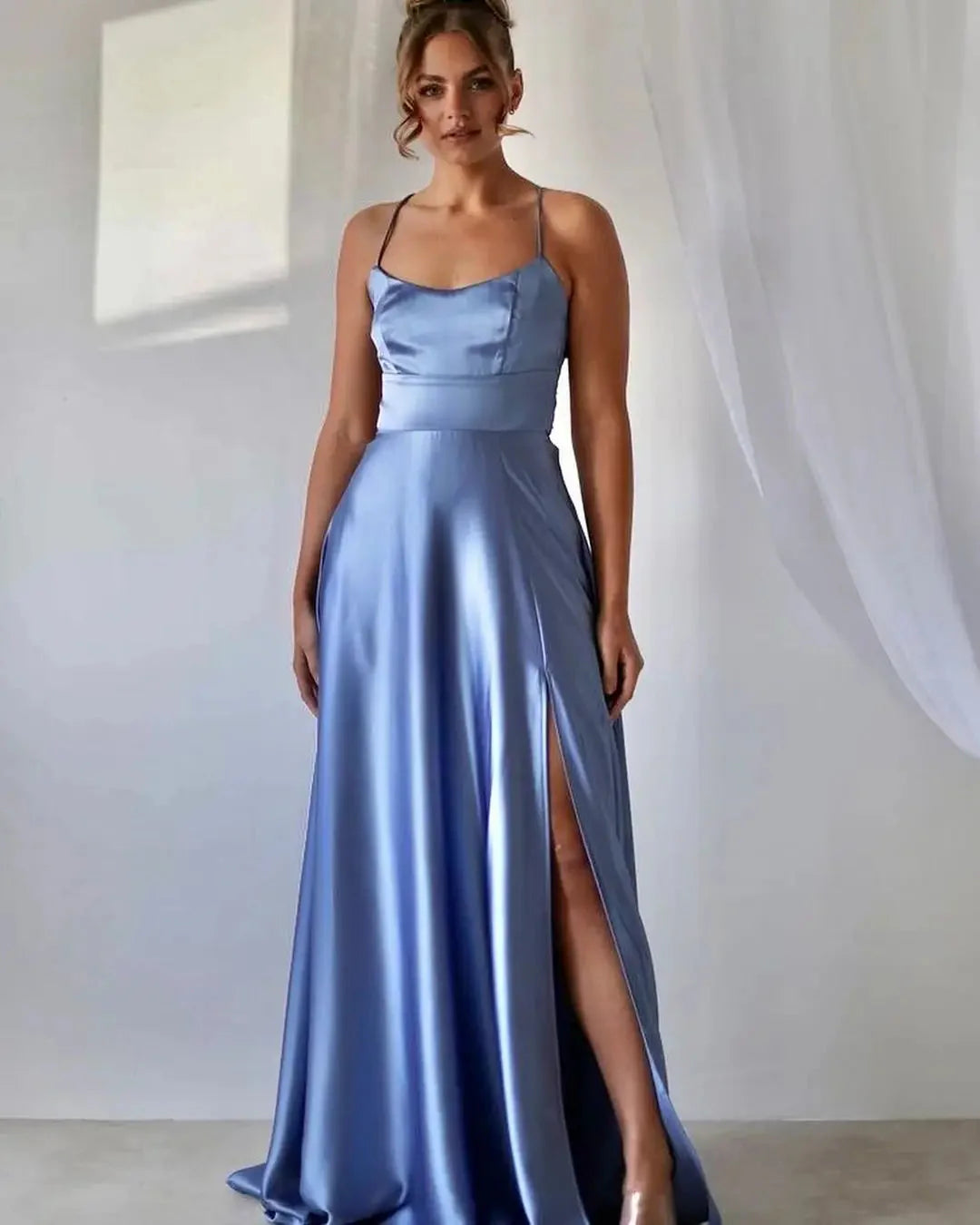 Showlu Fashion Store satin bridesmaid dress with cowl neck, leg slit, and A-line silhouette for elegant wedding attire.