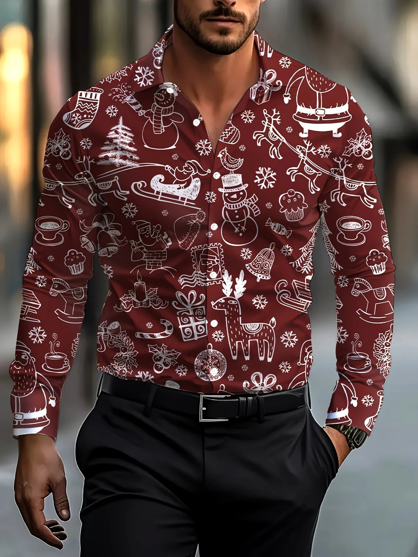 Christmas festival men's 3D printed formal shirt featuring Christmas tree and Santa Claus graphic, long sleeve design by Showlu Fashion.