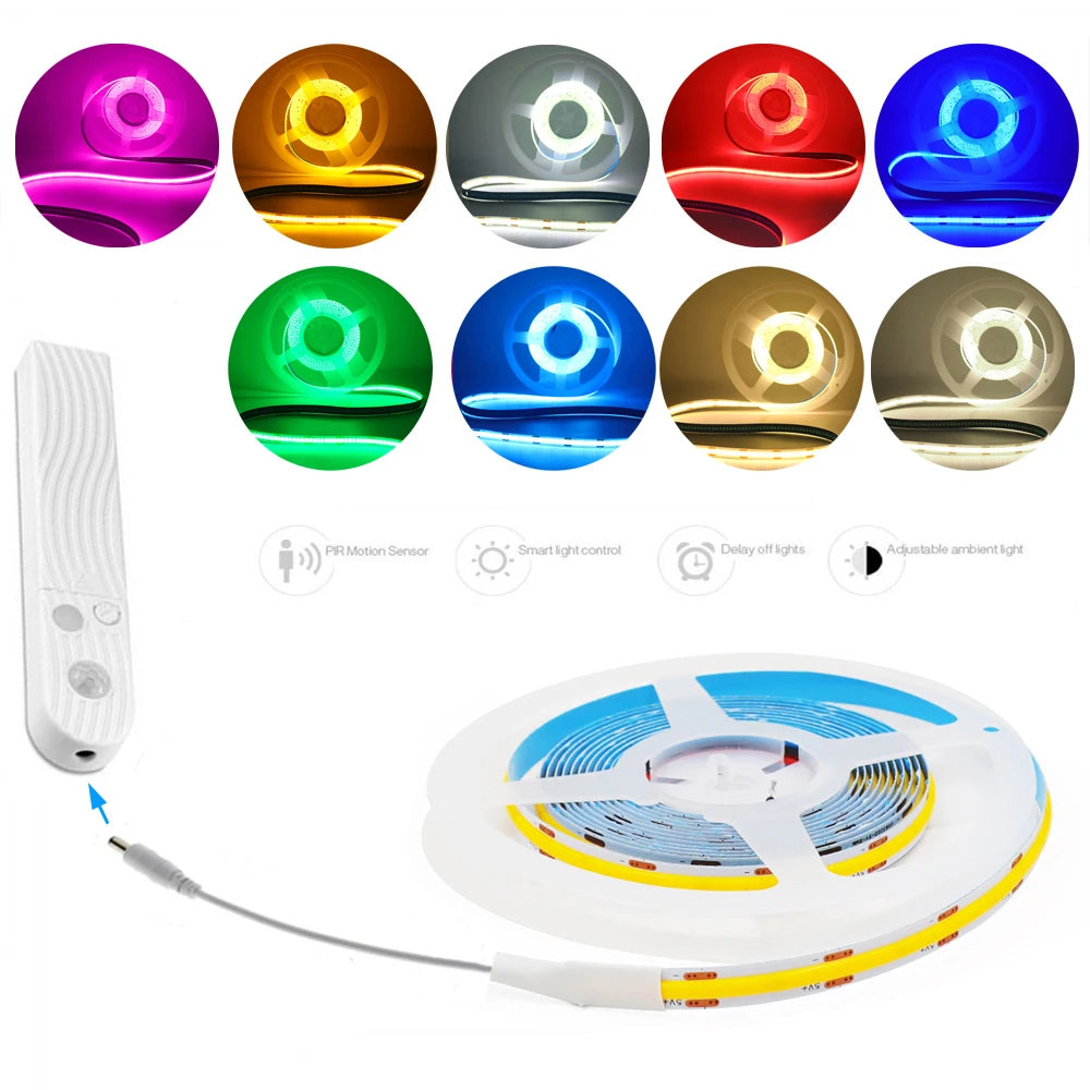 Showlu Smart Motion Sensor LED Strip Light 5V USB with motion detection and flexible design, shown in a home setting.