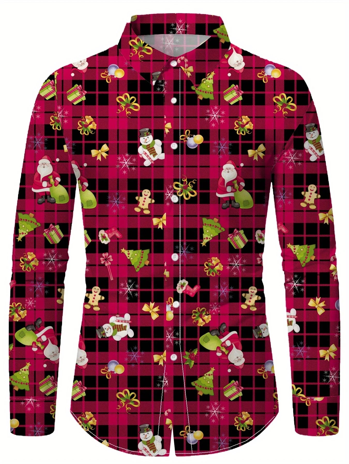 Men's Christmas festival themed 3D printed long sleeve shirt featuring Christmas tree and Santa Claus graphics by Showlu Fashion Store