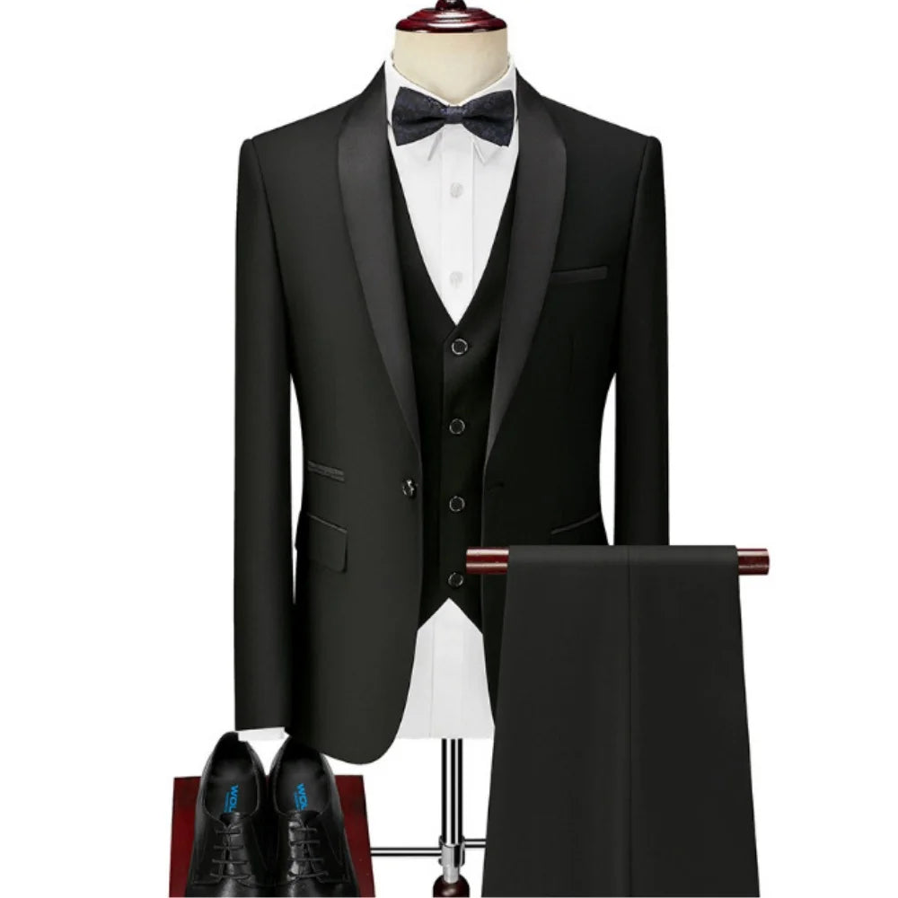 Men's Black White Slim Fit Three Piece Suit Set Large Size Autumn Wedding Party Blazer Coat Pants Vest Fashion Male Outfit