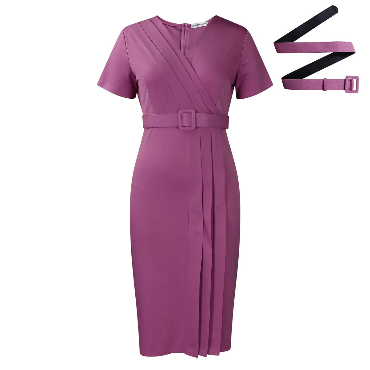 SHOWLU Women's V-Neck Short Sleeve Summer Dress in solid color, pencil style, perfect for casual warm-weather wear.