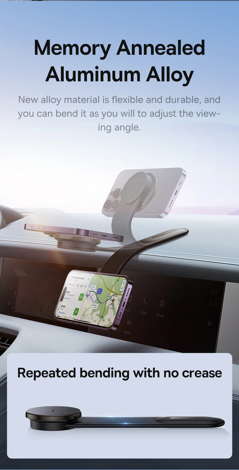 Magnetic foldable car phone holder for dashboard by Showlu Smart General, showing adjustable design and magnetic phone attachment.
