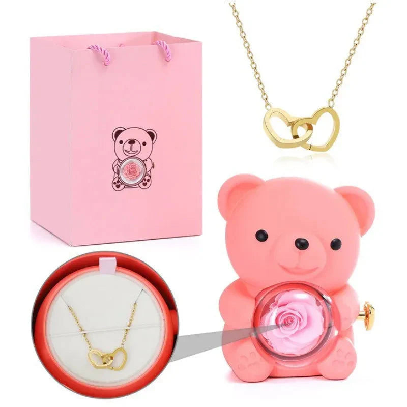 SHOWLU FASHION STORE teddy bear rose jewelry box with rotating necklace display, featuring a cute teddy bear and floral design.