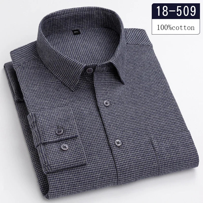Luxury High-Quality 100% Cotton Houndstooth Full Shirts for Men Slim Fit Casual Shirt Long-Sleeve Plaid Soft Designer Clothes Ro