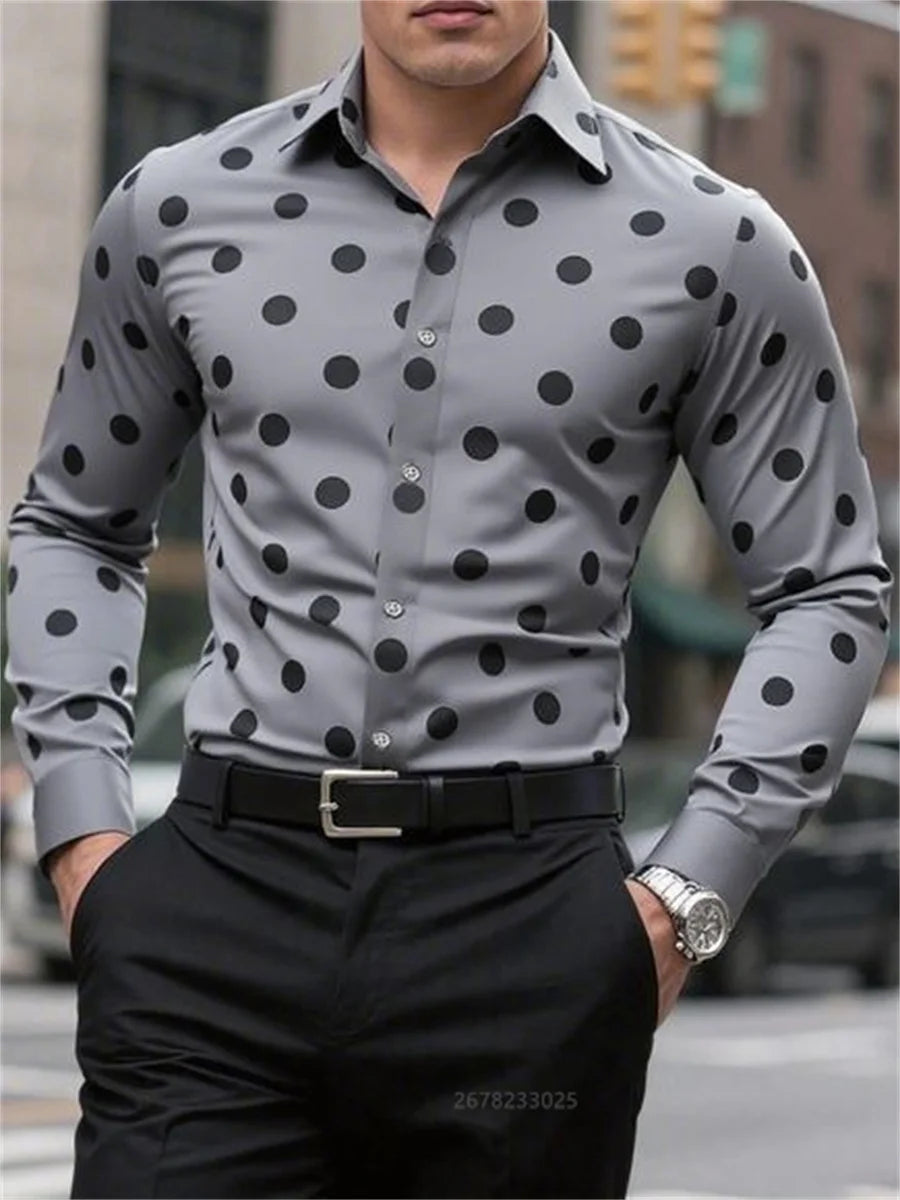 Men's long sleeve casual shirt with spotted lapel, button closure, breathable fabric, stylish outdoor fashion by Showlu Fashion Store