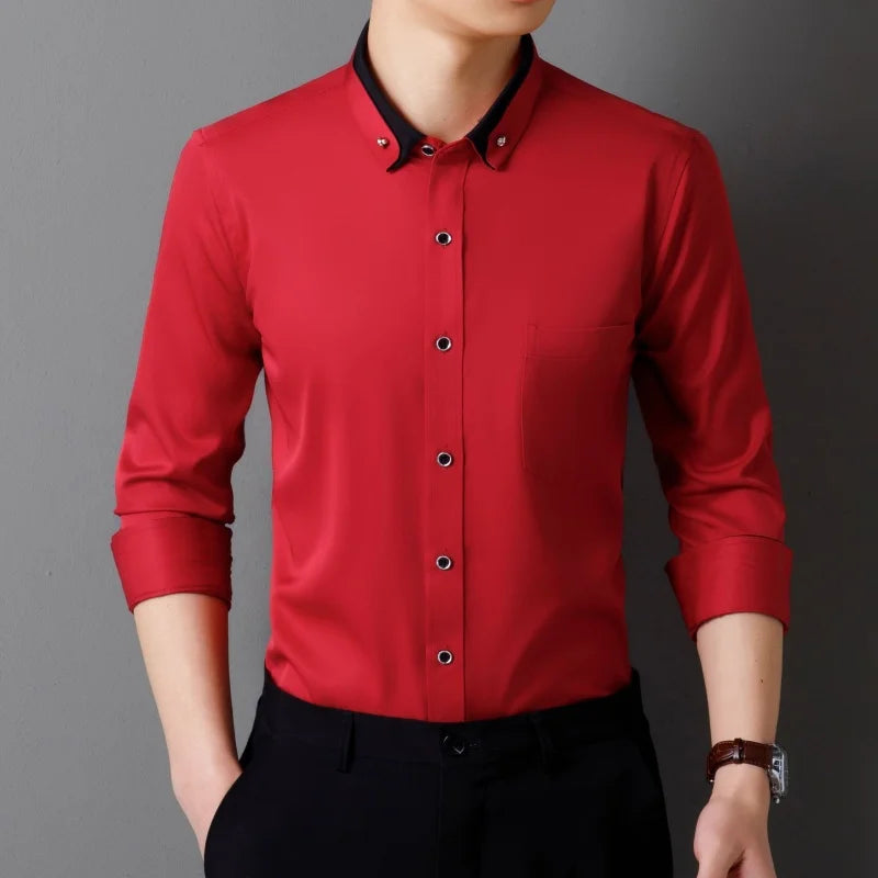 Men's Shirt Long Sleeve Elastic Wrinkle Proof Business Office Spring and Autumn Top Classic Solid royal blue -Black -White-green