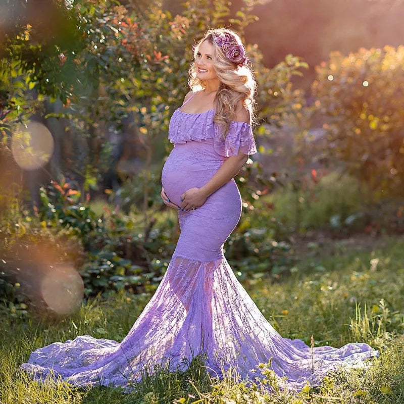 Pregnant woman in long sleeve lace Christmas dress, suitable for baby shower photos and special occasions, by Showlu Fashion Store.