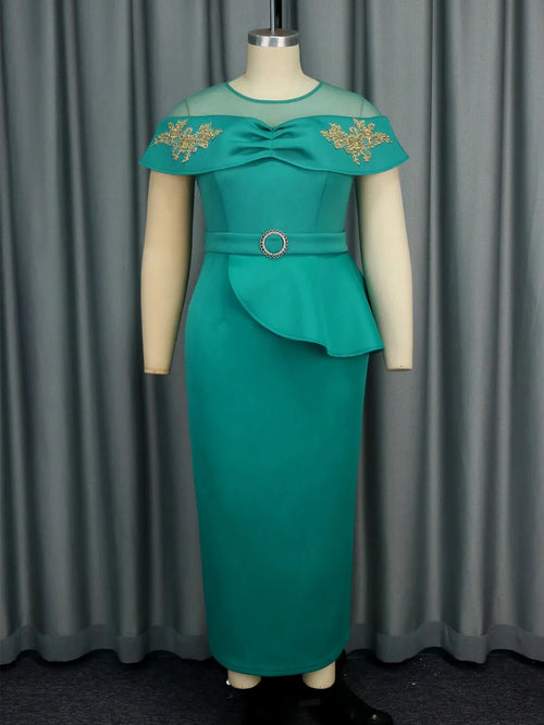 Elegant green sheath evening dress with cape sleeves and appliques by SHOWLU FASHION STORE, featuring intricate detailing and a stylish silhouette.