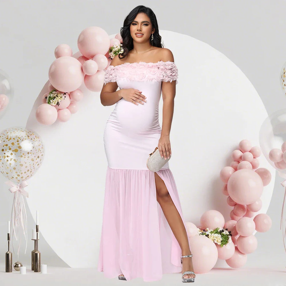 Showlu Maternity floral off-shoulder chiffon gown with split hem, featuring a flowy, elegant design for special occasions.