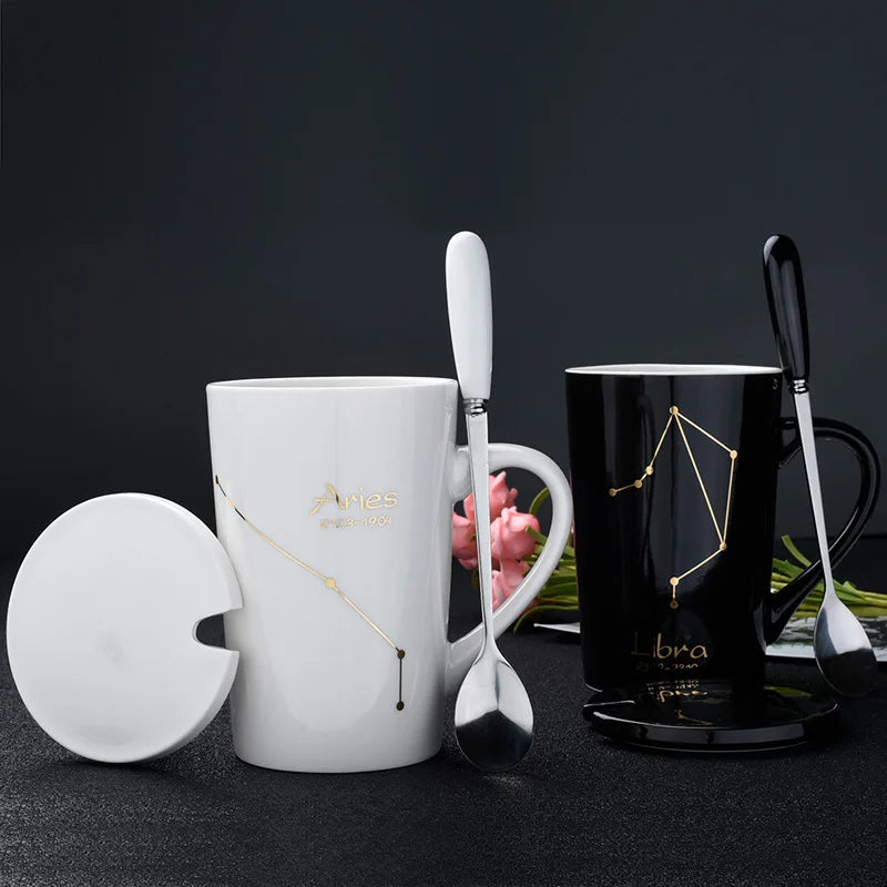 Showlu 12 Zodiac Signs ceramic coffee mug in black with lid and spoon, featuring zodiac symbols and glossy finish.