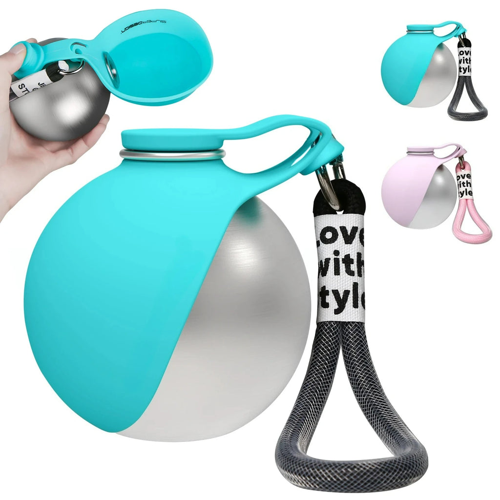 Showlu 2-in-1 portable dog water bottle with leak-proof stainless steel cup, ideal for pet hydration during outdoor adventures