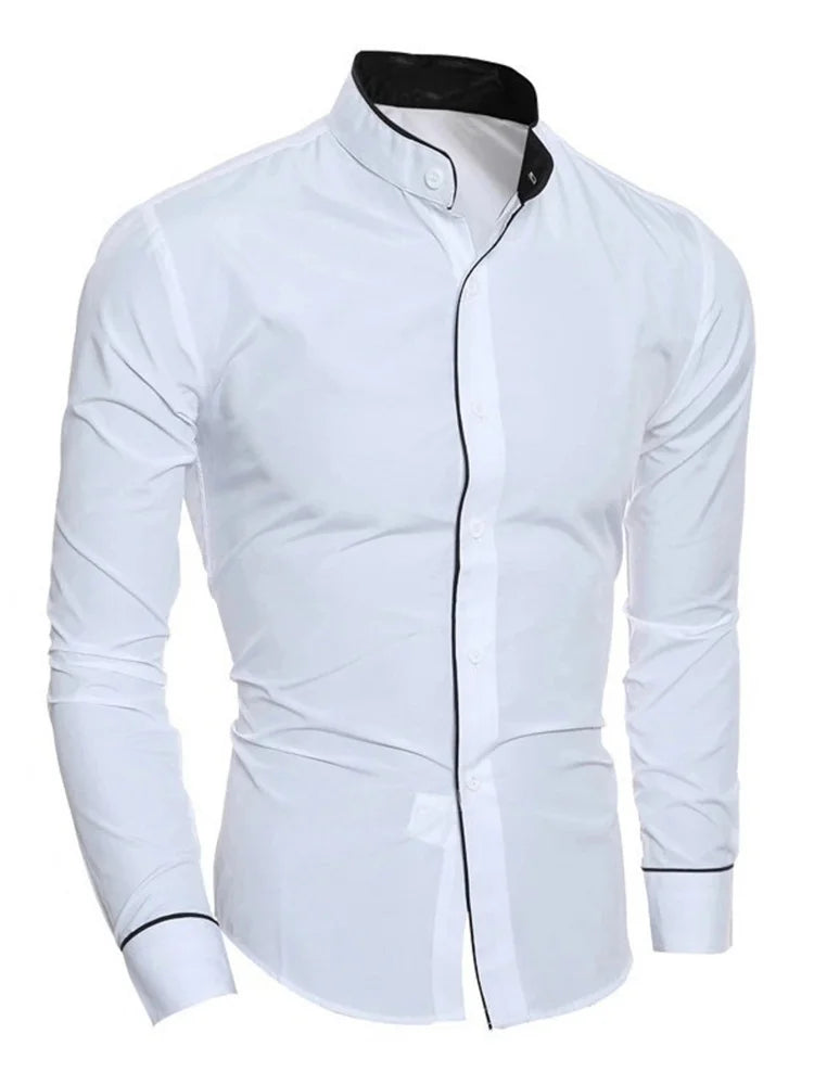 Men's slim fit white long sleeve dress shirt from Showlu Fashion, made of soft high-quality fabric, available in sizes XS to 6XL.