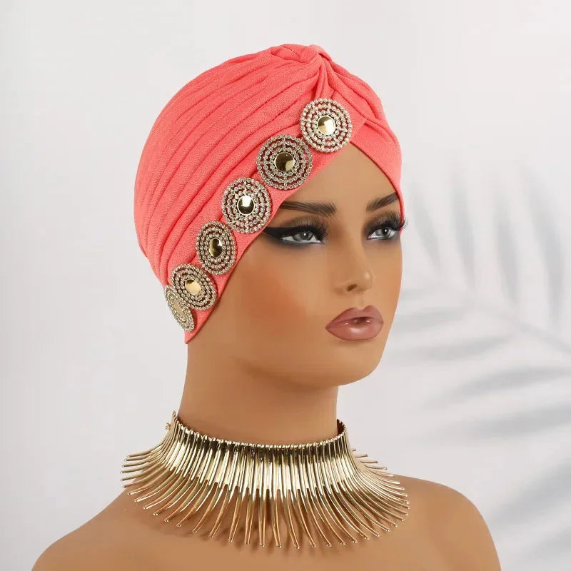Showlu Fashion women's diamond pleated turban hijab chemo cap wrap, stylish head covering with elegant design and comfortable fit.
