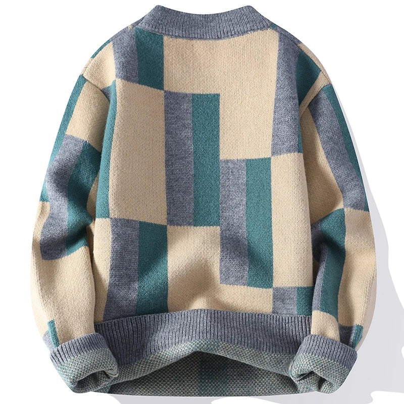 Youthful plaid knit sweater for men and women, with mock neck, casual loose fit, and warm winter fashion by Showlu Fashion Store.
