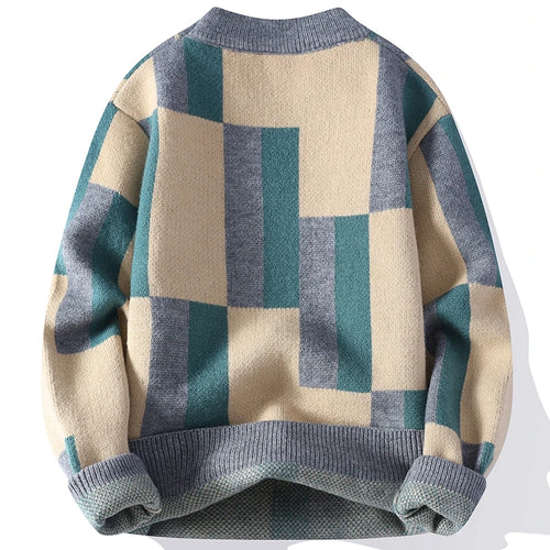 Youthful plaid knit sweater for men and women, with mock neck, casual loose fit, and warm winter fashion by Showlu Fashion Store.