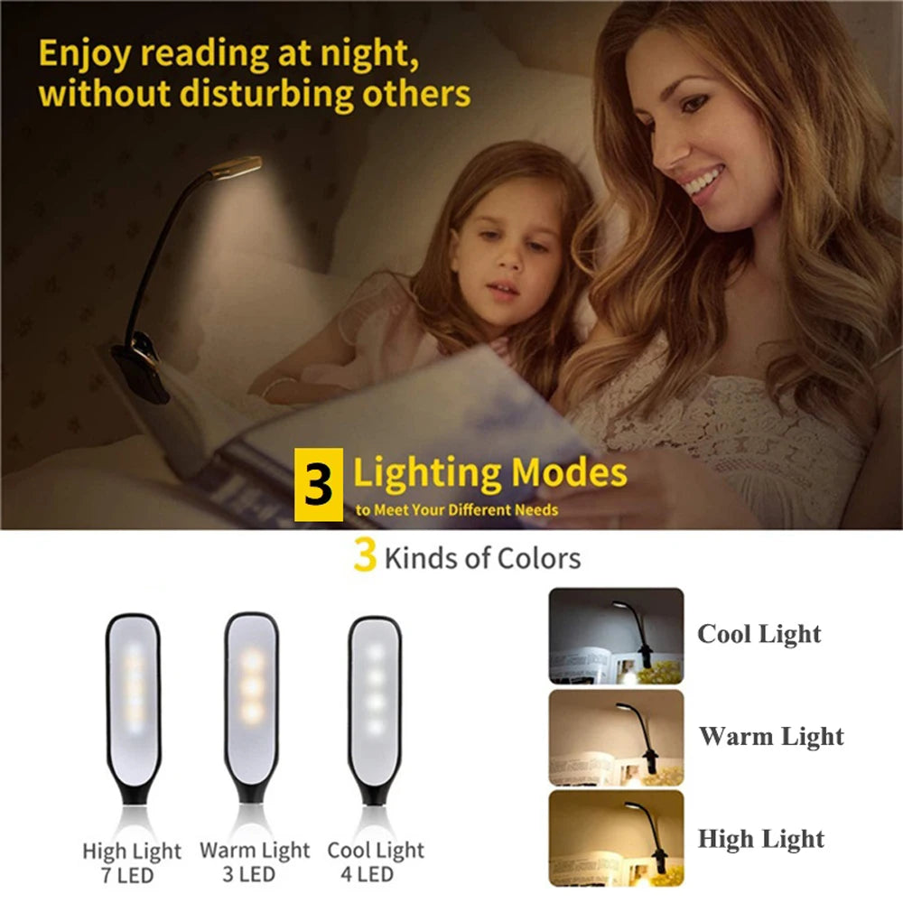Showlu Smart General Claeted Rechargeable Clip Reading Light attached to a book, highlighting its adjustable clip and compact design.