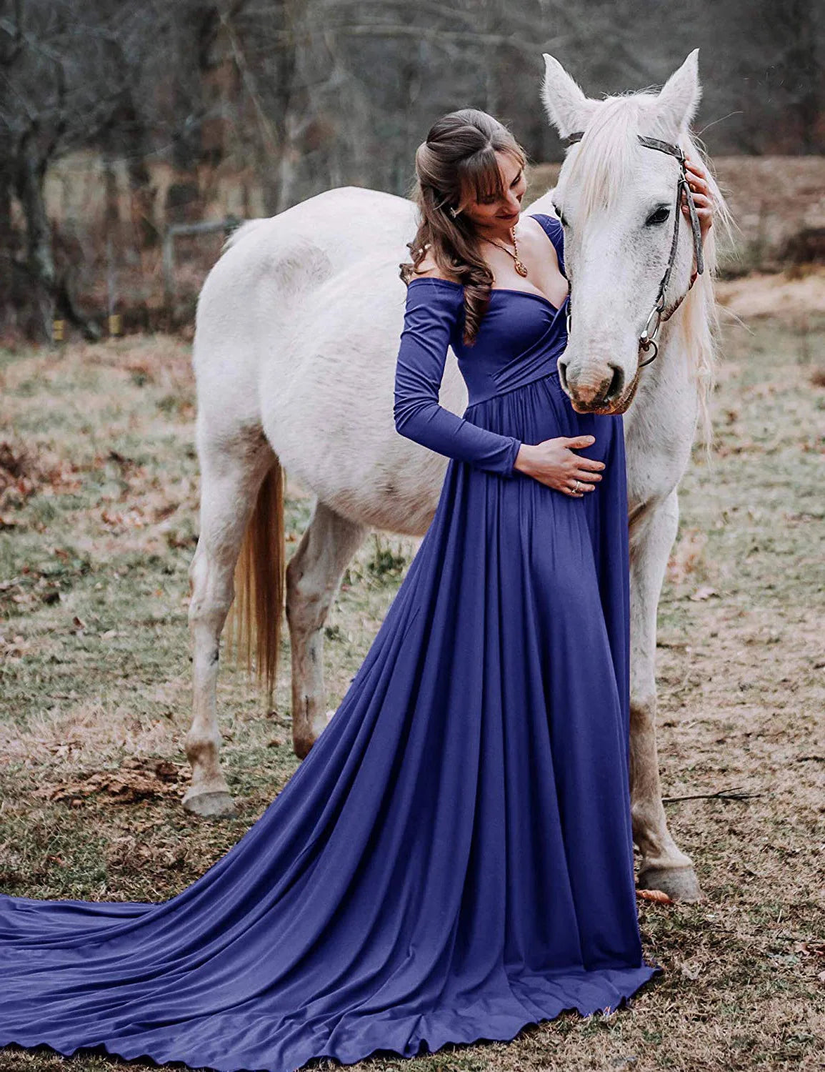 European and American women's maternity maxi dress with V-neck, silk-cotton blend fabric, train, and flared design for photoshoots.
