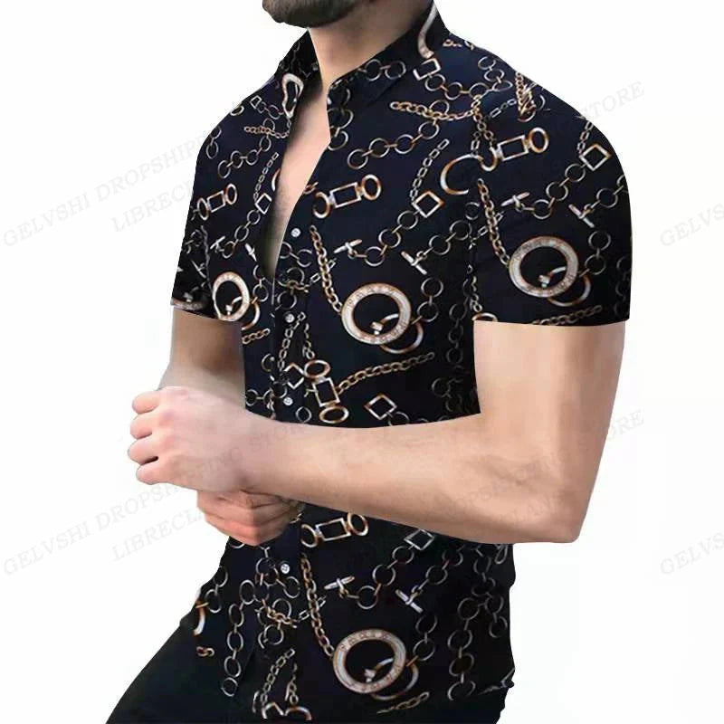 Men's Showlu geometric 3D print Hawaiian shirt with short sleeves and vibrant pattern, casual Cuba blouse style.