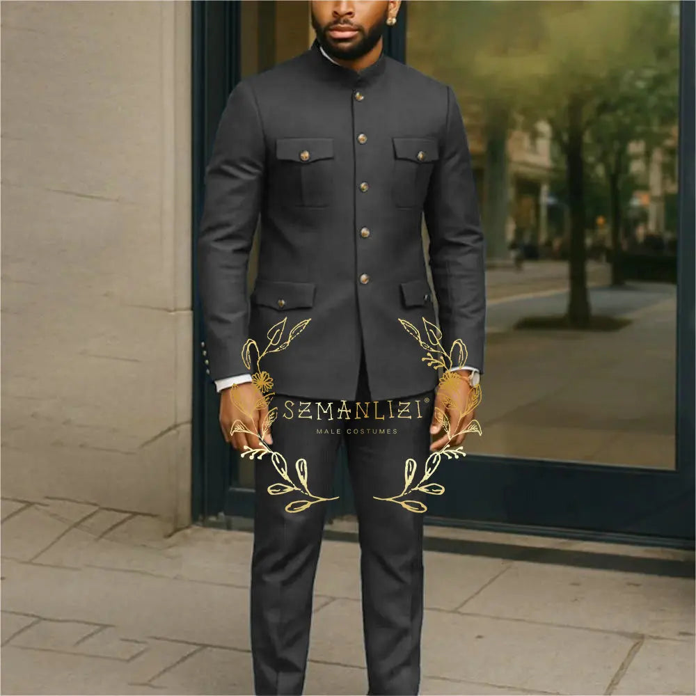 White stand collar men's suit jacket and matching pants, single-breasted tuxedo set for business or wedding occasions.