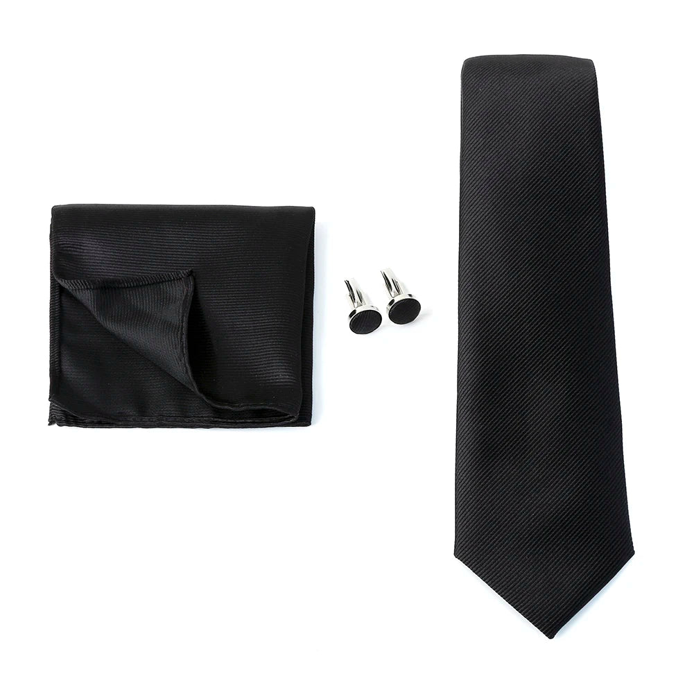 Solid color men's formal tie, woven jacquard necktie with matching handkerchief and cufflinks, ideal for weddings and business suits.