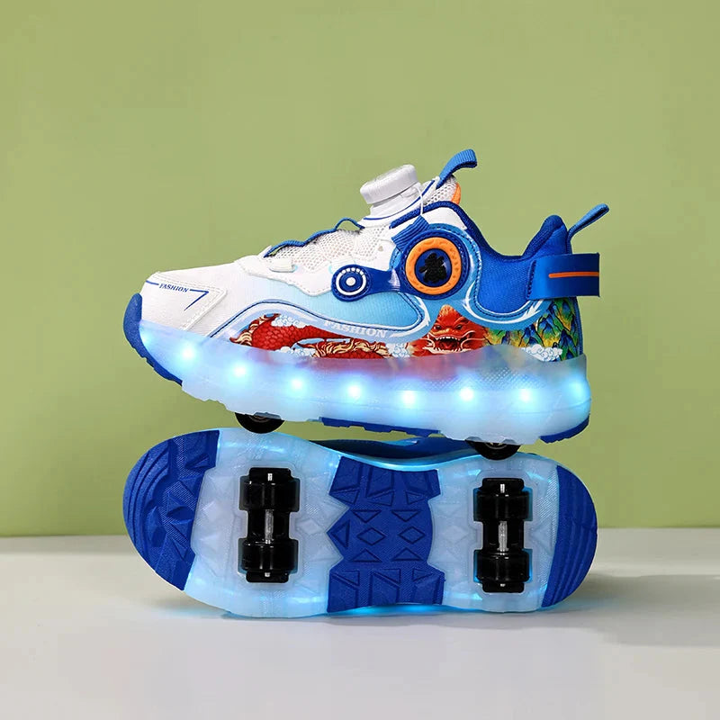 Kids LED roller skate shoes by Showlu with luminous lights, USB charging sneakers, colorful design, and adjustable straps.
