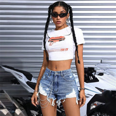 Summer 2025 Fashion: Women's Jeans Hot Girl Street Ripped Chain Shorts Low-Waisted Sexy Slimming Straight-Leg Pants