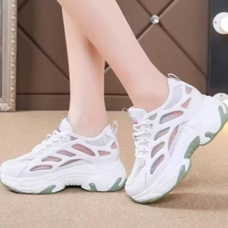 Women’s breathable white mesh platform shoes, stylish and comfortable designer footwear for women, size 39, elegant and original.