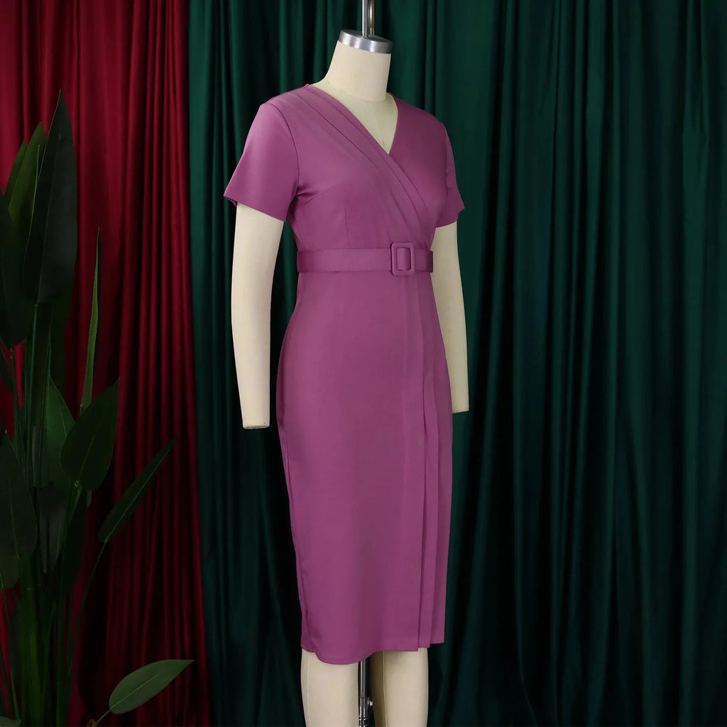 SHOWLU Women's V-Neck Short Sleeve Summer Dress in solid color, fitted pencil style perfect for warm-weather casual wear.