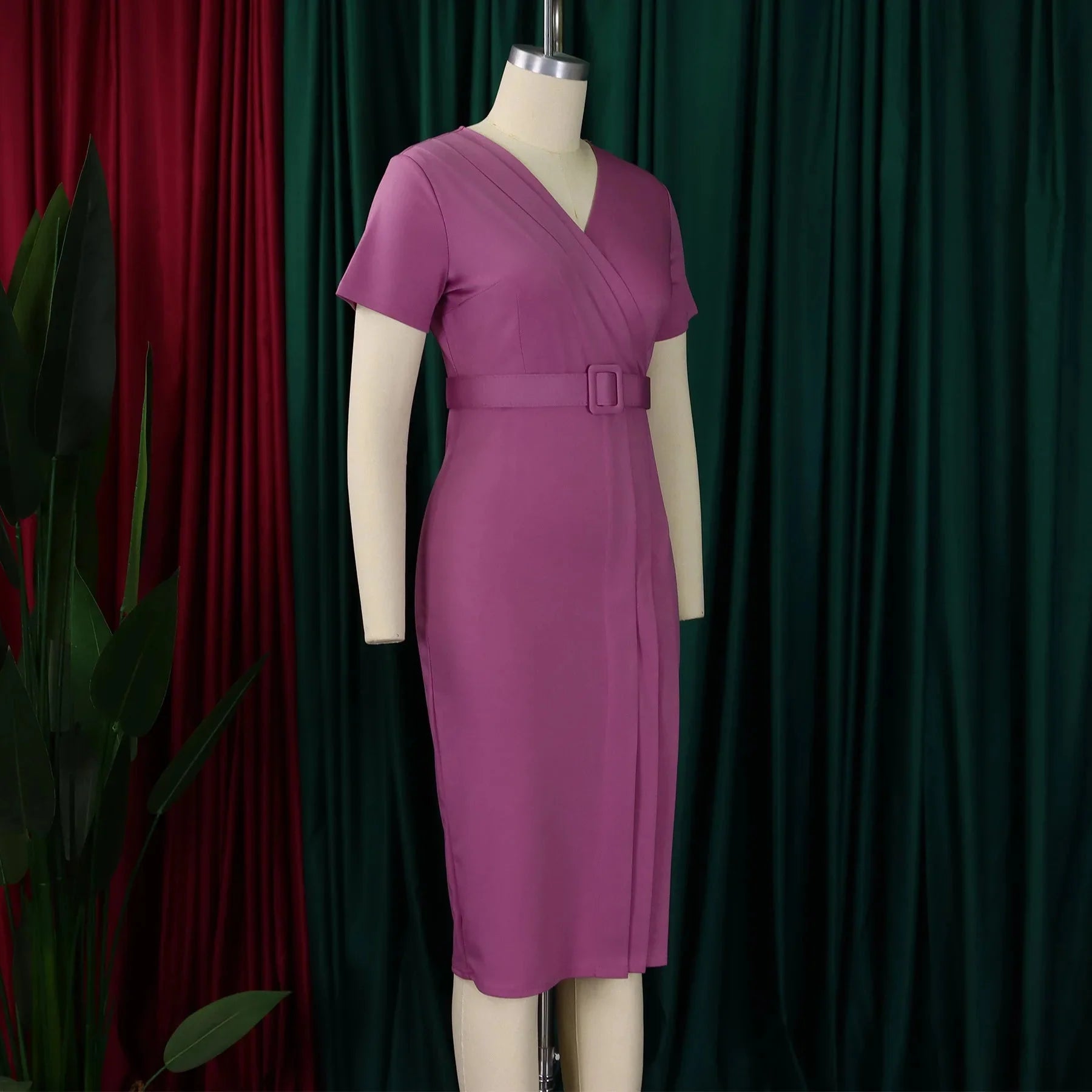 SHOWLU Women's V-Neck Short Sleeve Summer Dress in solid color, fitted pencil style perfect for warm-weather casual wear.