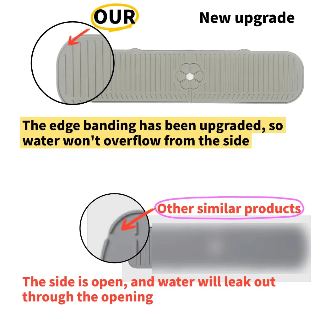 Silicone faucet splash guard from Showlu Smart General preventing water splashes around kitchen sink faucet.